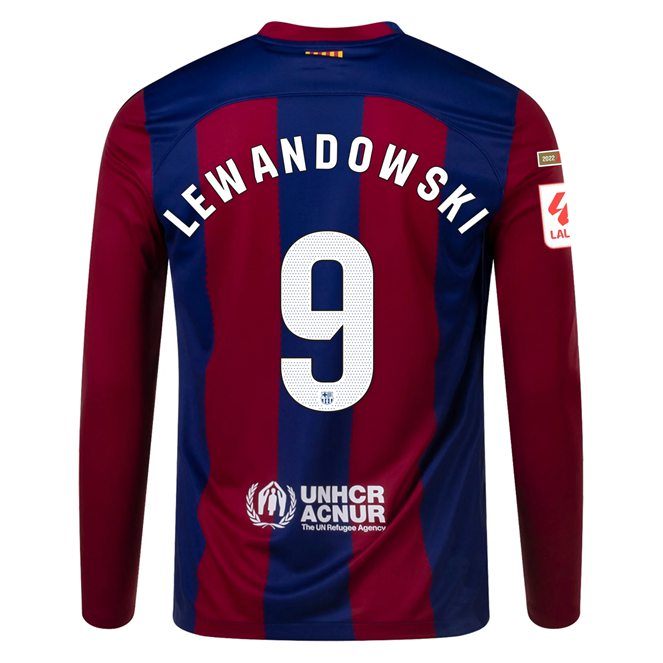 Levné Fotbalové Dresy FC Barcelona 2023-2024 Dlouhý Rukáv LEWANDOWSKI #9 Domácí